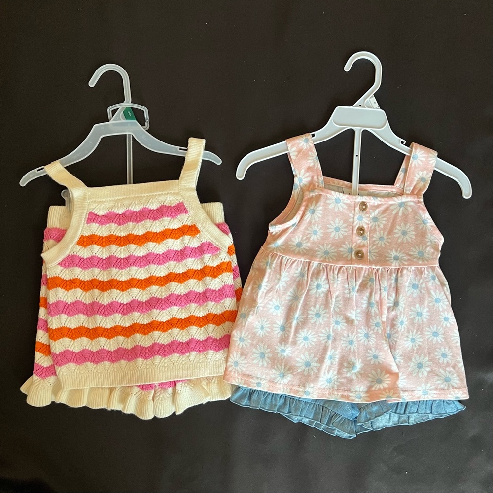 Girls Two-Piece Knit Tank & Skirt Set with Pink Daisy Top and Blue Shorts - Picture 3 of 15